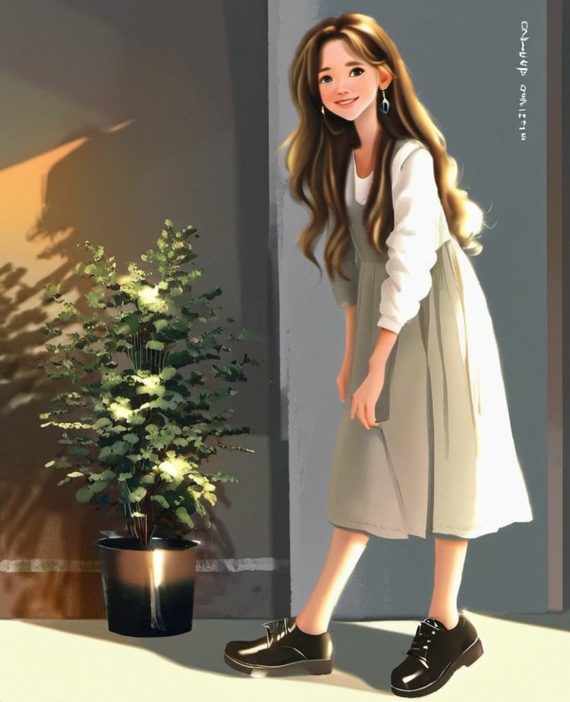 dancai, 1girl, solo, long hair, shadow, dress, black footwear, looking at viewer, shoes, socks, plant, brown hair, black socks, smile, artist name, shirt, white shirt, jewelry, potted plant, long sleeves, earrings,<lora:淡彩_人物_V1.0XL:1>, masterpiece, best quality,