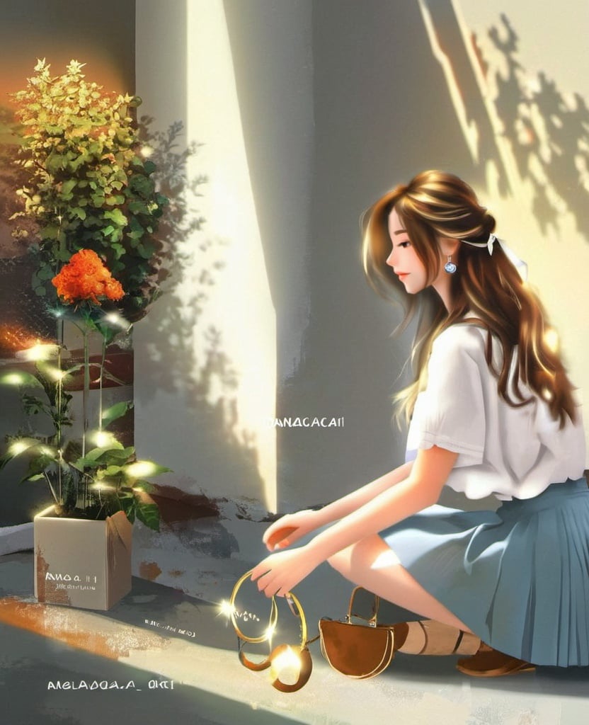 dancai, 1girl, solo, skirt, long hair, flower, shirt, white shirt, squatting, short sleeves, bracelet, plant, bag, jewelry, brown hair, holding, sunlight,<lora:淡彩_人物_V1.0XL:1>, masterpiece, best quality,