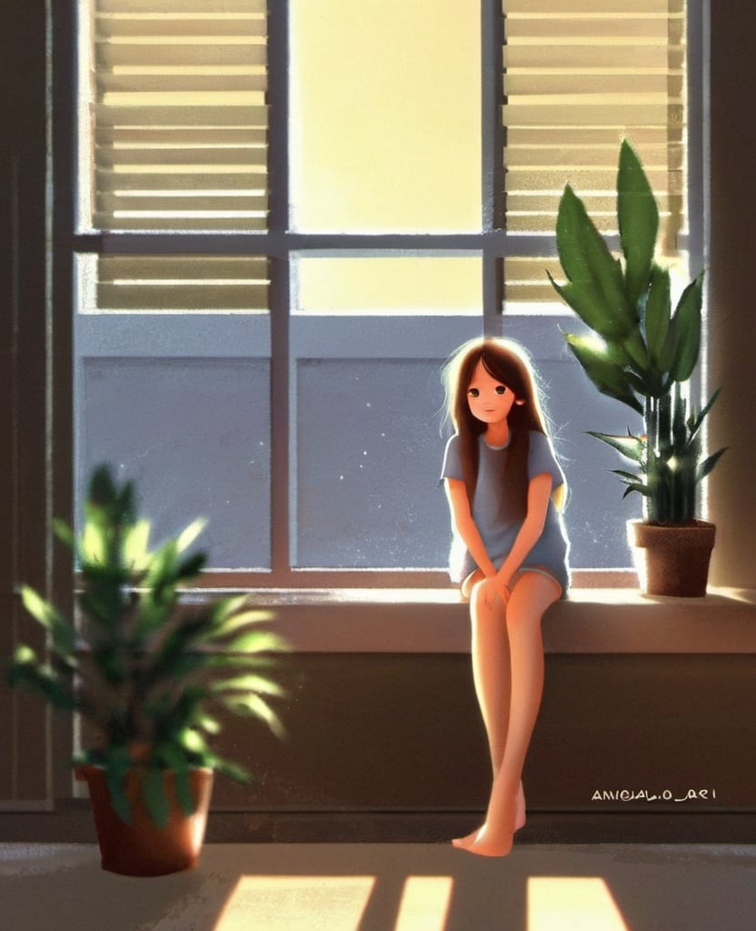 dancai, 1girl, solo, blinds, plant, long hair, sitting, window, barefoot, brown hair, artist name, looking at viewer, indoors, crossed legs, potted plant ,<lora:淡彩_人物_V1.0XL:1>, masterpiece, best quality,