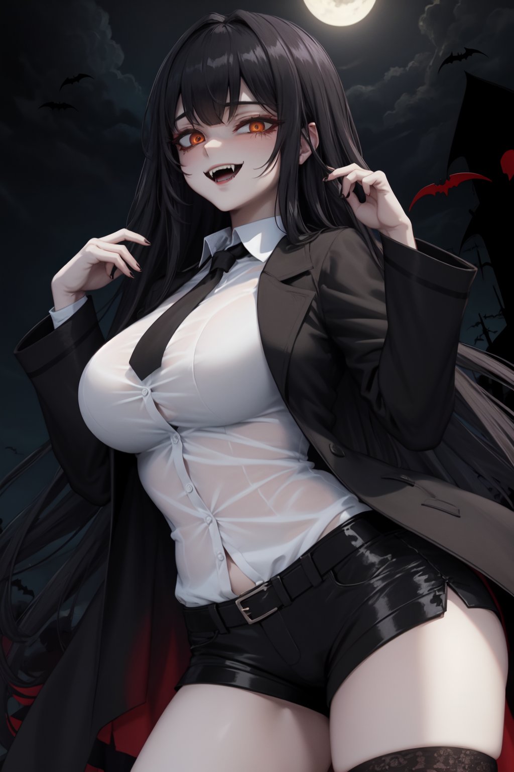 masterpiece, best quality, extreme detailed, absurdres, 8k, {1woman, big breasts, (long black hair), bangs, jitome, hazel eyes, {wearing white shirt, black tie, matching shorts, black trench coat}, vampire, (fangs), sadistic smile, dark persona, horror atmosphere, bats, dark sky, highly detailed, edgGesugao