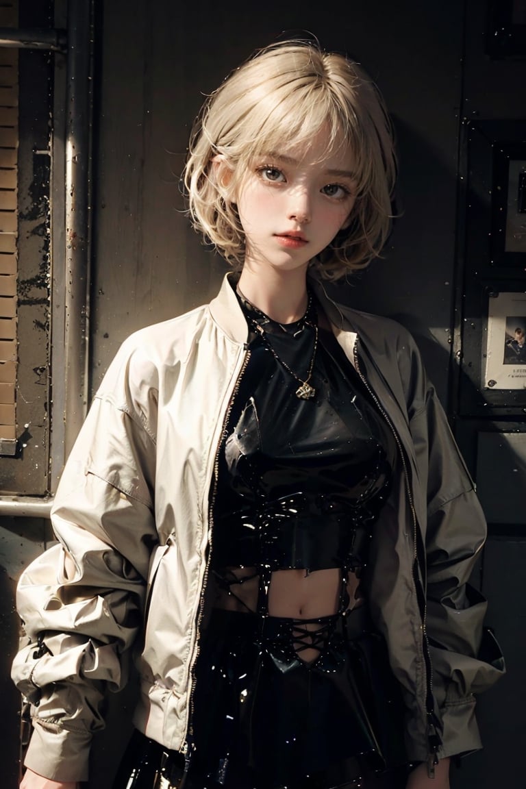 (masterpiece, best quality),1lady,solo,leggings,cropped top,jacket,platinum blonde,bob cut,cowboy shot,black eyes,