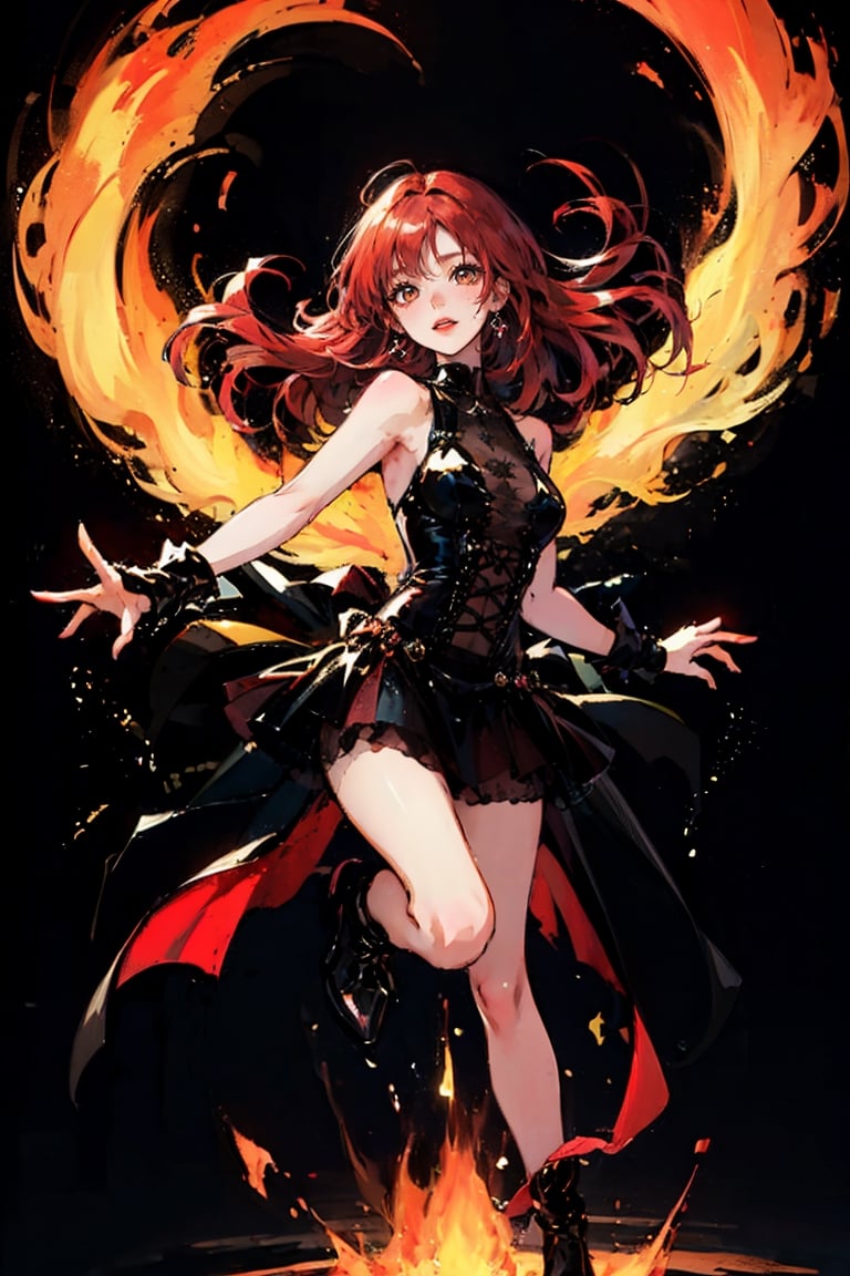 masterpiece:1.2), best quality, PIXIV, arcana, arcana, 1girl, red hair,  fire background, fire hair ,bug, fire, fire dragon, red glow,girl,SharpEyess, full body, black long dress,black short sleeveless dress,see through