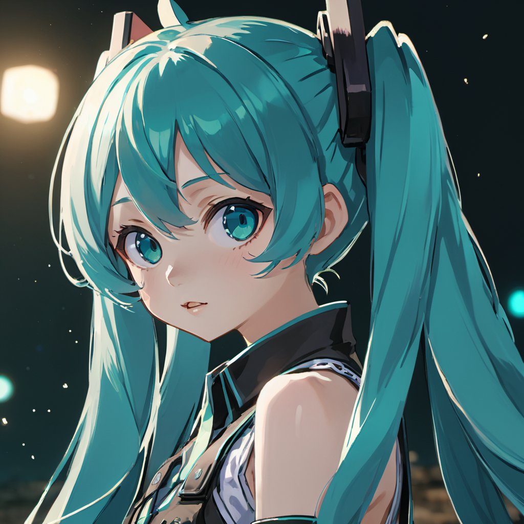  beautiful age 18 girl, (anime screencap), aqua hair, hatsune miku, twin tails, sexy, beautiful, dslr, 8k, 4k, natural skin, textured skin, pixiv, depth of field, cinematic compotision, best lighting, cowboy shot