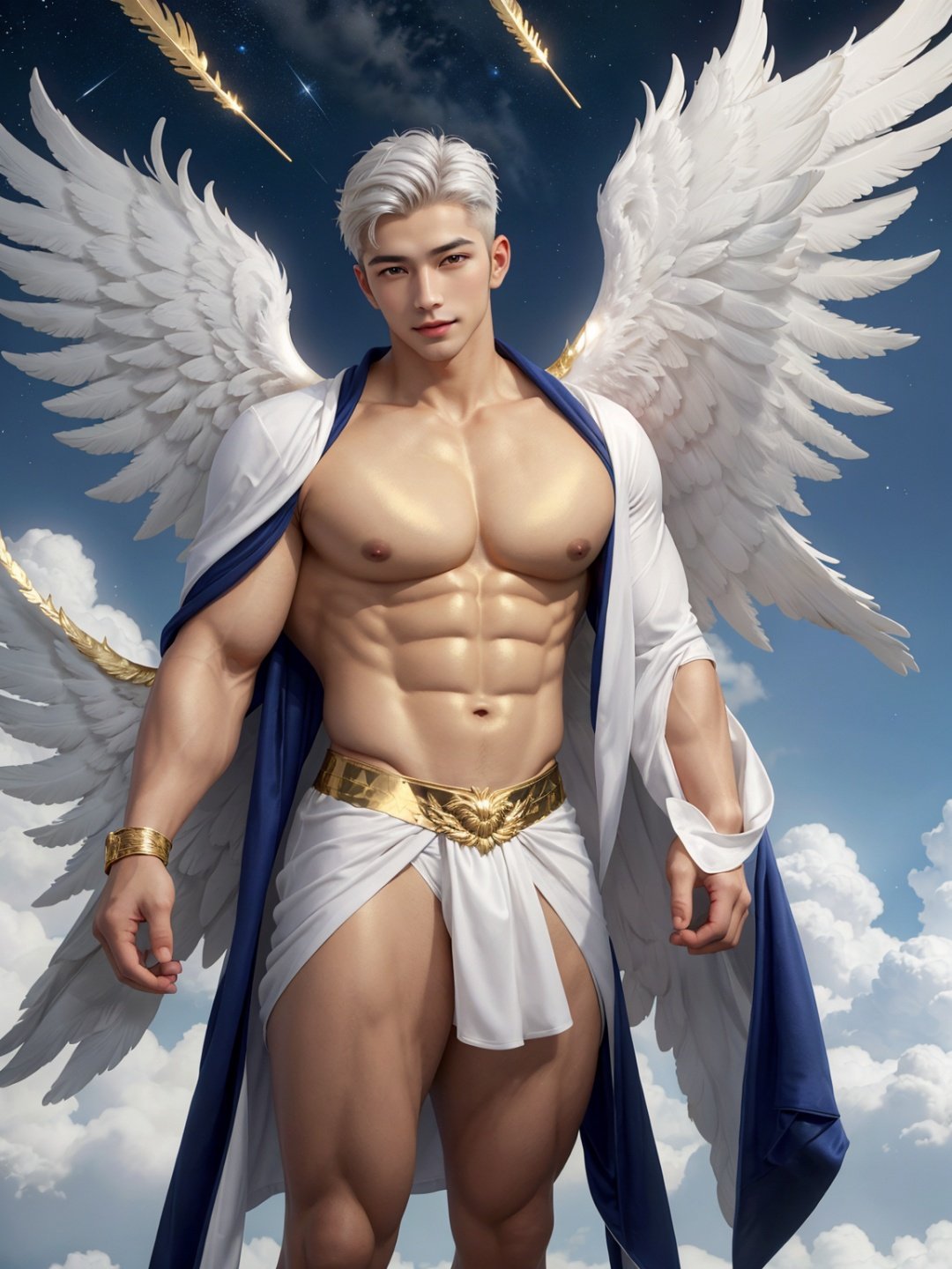 masterpiece,1 boy,Look at me,Muscular development,Handsome,Lovely,Heaven,Robe,in white and gold costume,Angel with six wings,in the sky,clouds,man with wings,angel wings,glowing,platinum hair,outdoors,stars,gold magic swirling,golden feathers,textured skin,super detail,best quality,