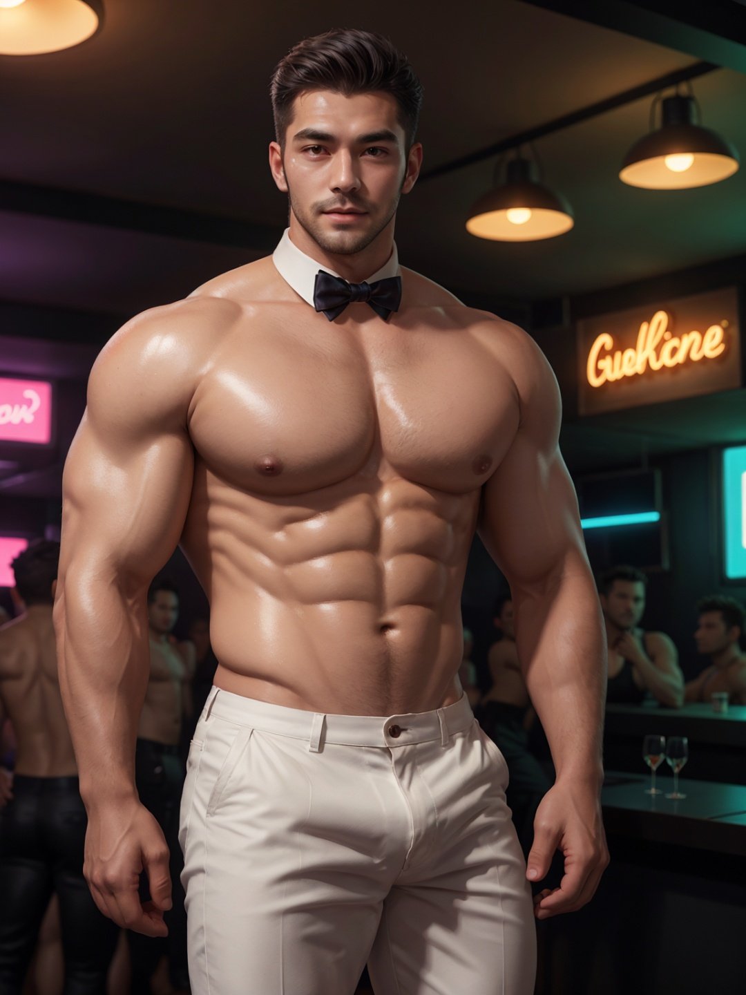 masterpiece,1 Man,Look at me,Indoor,Nightclub,Neon light,Light and shadow,Greasy and shiny skin,Black trousers,Bow tie,Muscle,Beard,Topless,Handsome,uncle,Mature male,textured skin,super detail,best quality,