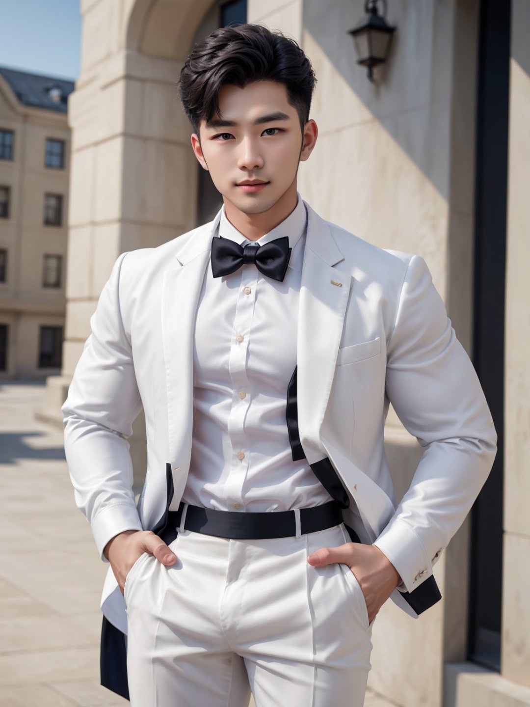 best quality,4K,masterpiece,by professional photographer,one-quarter headshot of,malikd,white shirt,black bowtie,white jacket,debonair,