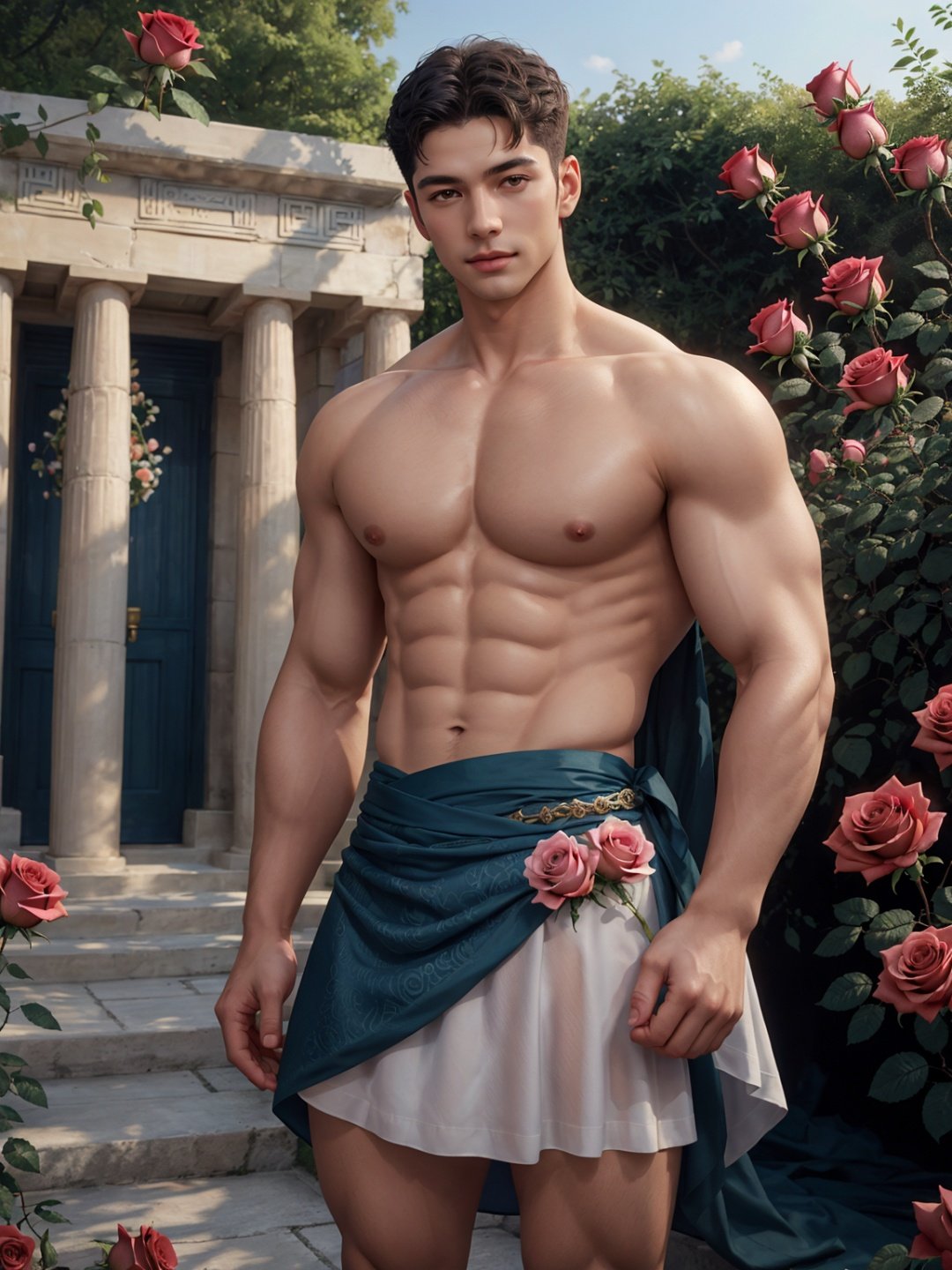 masterpiece,1 male,Look at me,Topless,Short hair,Greek dress,Shrine,Fairy tales,Outdoor,Rose garden,Poseidon,textured skin,super detail,best quality,