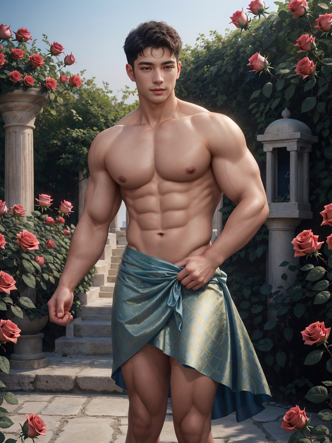 masterpiece,1 male,Look at me,Topless,Short hair,Greek dress,Shrine,Fairy tales,Outdoor,Rose garden,Poseidon,textured skin,super detail,best quality,