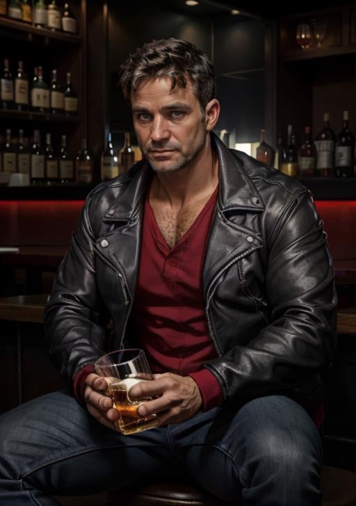 robert_dd a 47 yo man wearing a black jacket, red shirt, and jeans sitting in a bar, holding a glass of beer, looking at the viewer. 4k, backlight, cinematic, cinematic  light, master piece, ultra detailed, correct eyes and face, (photorealistic:1.2), (side view:0.6) <lora:robert_dream_daddy-10:0.9>