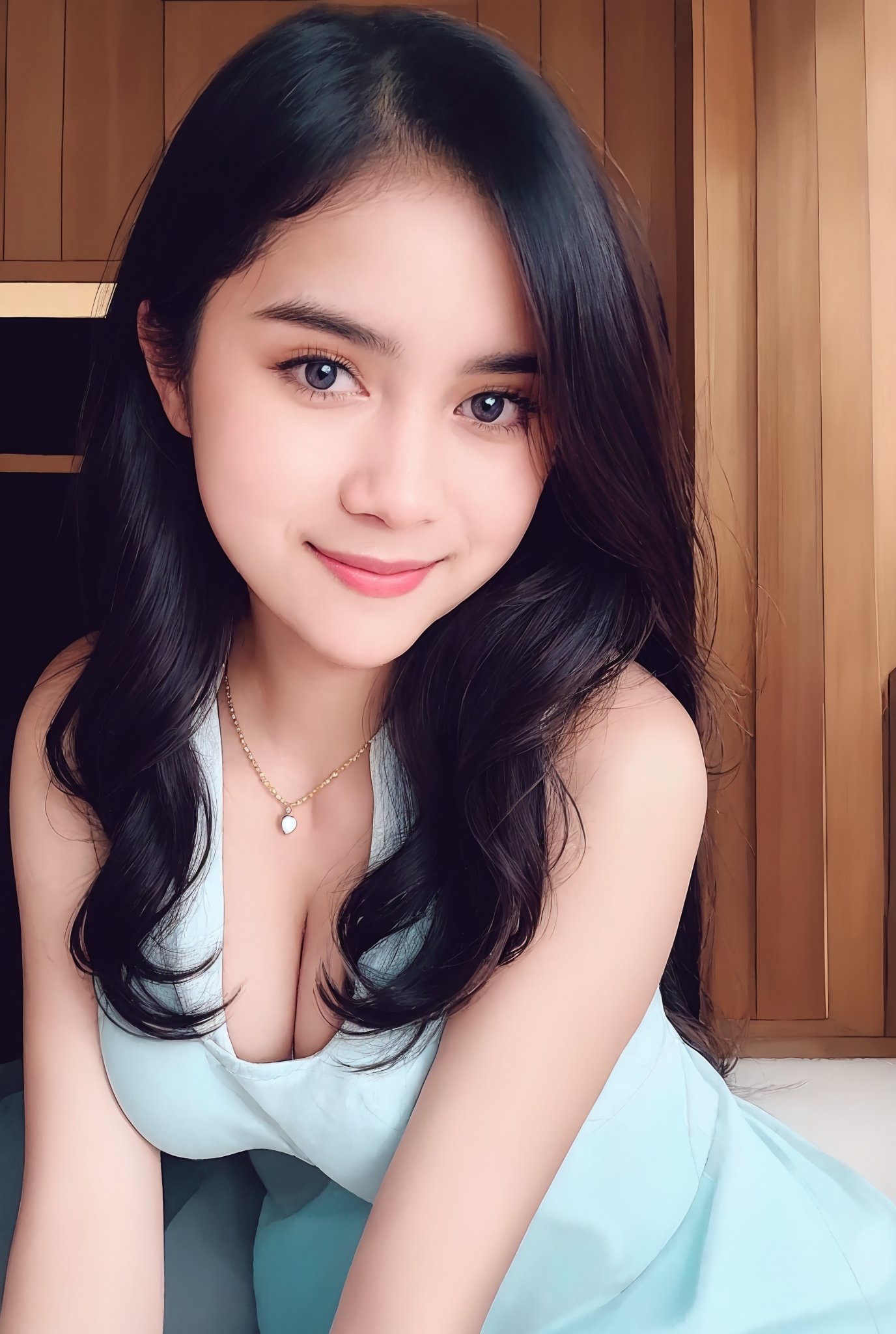 Portrait of beautiful girl,
(finely best quality illustration:1.2), (kawaii girl:1.0), (1girl:1.0), (medium breasts:1.0), (smile:0.8), (ultra-detailed, highres:1.0), .masterpiece, best quality, incredibly detail eyes, shore, high detail eyes, , age 18, medium breasts, High detailed , Wenny, watch, black hair, long hair, necklace, jewelery, upper body