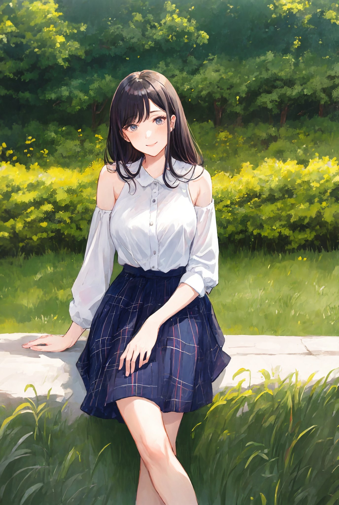 Portrait of beautiful girl,
(finely best quality illustration:1.2), (kawaii girl:1.0), (1girl:1.0), (medium breasts:1.0), (smile:0.8), (ultra-detailed, highres:1.0), .masterpiece, best quality, incredibly detail eyes, shore, high detail eyes, , age 18, medium breasts, High detailed , Wenny, sitting, black hair, plaid skirt, head rest, grass, looking at viewer, bare shoulders, outdoors, tree, white shirt, bush