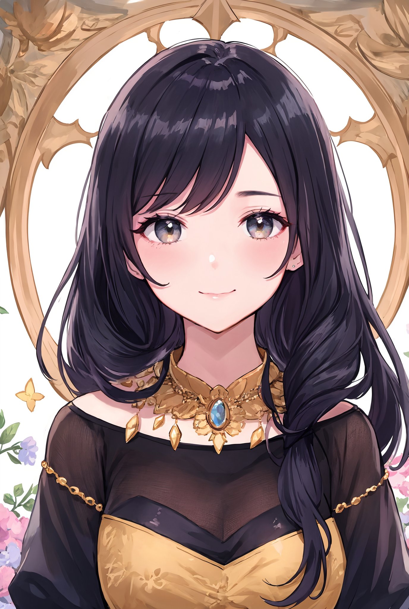 Portrait of beautiful girl,
(finely best quality illustration:1.2), (kawaii girl:1.0), (1girl:1.0), (medium breasts:1.0), (smile:0.8), (ultra-detailed, highres:1.0), .masterpiece, best quality, incredibly detail eyes, shore, high detail eyes, , age 18, medium breasts, High detailed , Wenny, watch, black hair, long hair, necklace, jewelery, upper body,masterpiece,Wenny