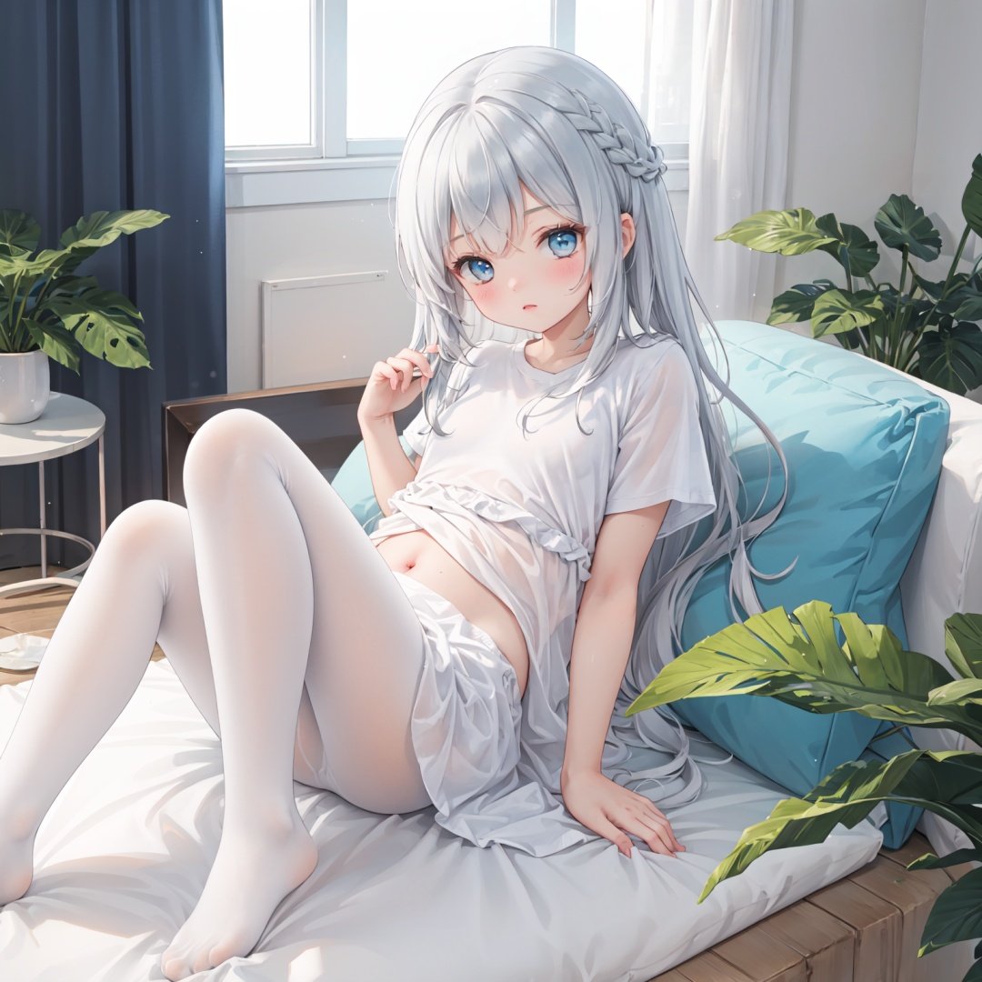 masterpiece,best quality,backlight,Tyndall effect,Crepuscular Rays,1girl,white_hairbangs,long hair,French braid,blue eyes,cold expression,lightseagreen T-shirt,White pantyhose,navel,fetal_position,small_breasts,No shoes on,bedroom,White cloth sofa,White blanket,Dieffenbachia seguine Schott,White curtains,