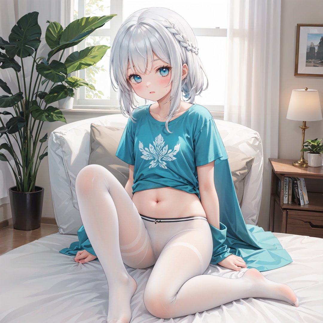 masterpiece,best quality,backlight,Tyndall effect,Crepuscular Rays,1girl,white_hairbangs,long hair,French braid,blue eyes,cold expression,lightseagreen T-shirt,White pantyhose,navel,fetal_position,small_breasts,No shoes on,bedroom,White cloth sofa,White blanket,Dieffenbachia seguine Schott,White curtains,