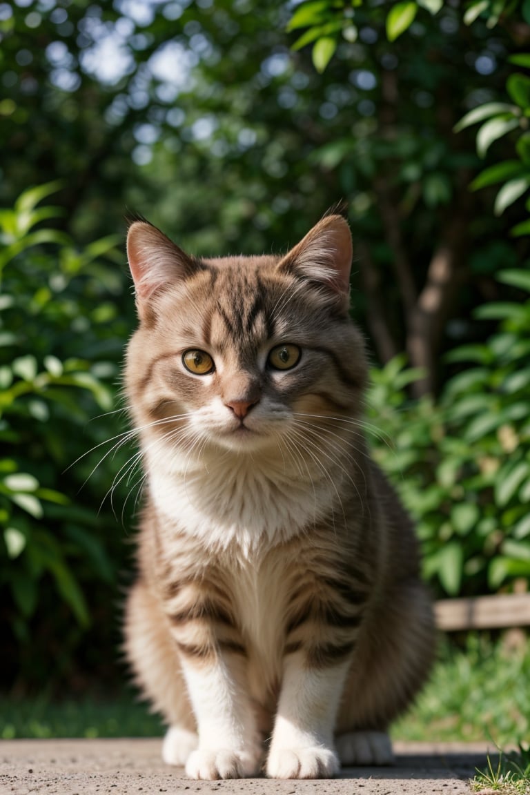 A cute cat,fluffy fur,adorable active eyes,playful paws,cosy sleeping spot,soft whiskers,beautiful patterned coat,bright and expressive eyes,curious and playful nature,smooth and sleek body,graceful and agile movements,[cat toys],[green garden background],[colorful sunlight filtering through the trees],[vibrant and cheerful atmosphere],(best quality,ultra-detailed),[soft lighting],realistic colors, [bokeh]