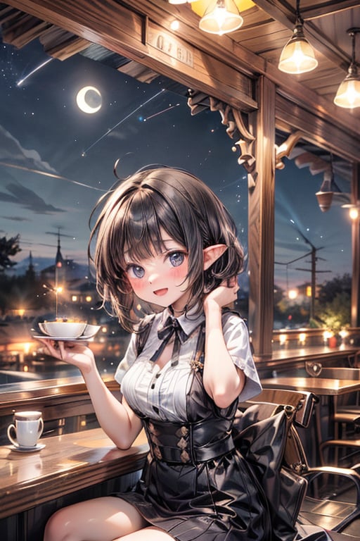 Create a mesmerizing series of scenes featuring an elf cheerful girl and her friends in a "Sky Café" under the moonlight. The input tensor size should be [3,  512,  512].- **Elf Cheerful Girl and Friends in the Sky Café:**  - Envision the elf girl and her friends in various poses,  enjoying the Sky Café setting under the moon. Capture moments of serving,  stargazing,  and laughter against the celestial backdrop.- **Sky Café Atmosphere:**  - Illustrate the Sky Café suspended in the sky,  with floating platforms,  ethereal clouds,  and celestial elements. Depict tables adorned with moonlight,  hanging lanterns,  and a magical ambiance that blends the beauty of the night sky with a cozy café.- **Rich Colors and Celestial Details:**  - Ensure each scene highlights rich colors inspired by the night sky. Incorporate celestial details such as stars,  constellations,  and a gentle moon glow,  creating a dreamy and enchanting atmosphere.- **Celestial Delights:**  - In each pose,  incorporate elements from the celestial surroundings,  such as floating stars,  mystical creatures,  and the soft glow of moonlight. Convey the magic of a café seamlessly integrated into the celestial realm.- **Diverse Friend Group:**  - Populate each scene with a diverse group of friends,  each engaged in various Sky Café activities. Showcase their interactions amidst the celestial beauty,  creating a harmonious blend of friendship and enchantment.- **Warmth and Personality:**  - Maintain the elf girl's warmth and personality,  extending the same genuine engagement to her friends within the Sky Café. Convey expressions that reflect the joy of friendship and the magical experiences they share under the moonlight.- **Essence of the Sky Café:**  - Throughout the series,  capture the essence of a dreamy and inviting Sky Café,  where the celestial wonders,  the glow of moonlight,  and the laughter of friends collectively create a magical and welcoming atmosphere.- **Input Tensor Size:**  - The input tensor size for each scene should be [3,  512,  512].Feel free to provide additional details or specific scenarios you'd like to see in the series within the enchanting Sky Café environment under the moonlight.,<lora:EMS-50197-EMS:0.800000>,<lora:EMS-179-EMS:0.800000>