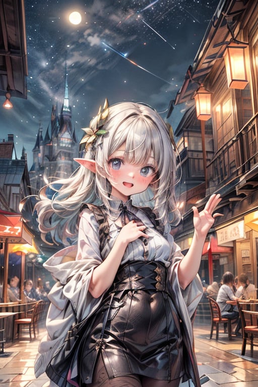 Create a mesmerizing series of scenes featuring an elf cheerful girl and her friends in a "Sky Café" under the moonlight. The input tensor size should be [3,  512,  512].- **Elf Cheerful Girl and Friends in the Sky Café:**  - Envision the elf girl and her friends in various poses,  enjoying the Sky Café setting under the moon. Capture moments of serving,  stargazing,  and laughter against the celestial backdrop.- **Sky Café Atmosphere:**  - Illustrate the Sky Café suspended in the sky,  with floating platforms,  ethereal clouds,  and celestial elements. Depict tables adorned with moonlight,  hanging lanterns,  and a magical ambiance that blends the beauty of the night sky with a cozy café.- **Rich Colors and Celestial Details:**  - Ensure each scene highlights rich colors inspired by the night sky. Incorporate celestial details such as stars,  constellations,  and a gentle moon glow,  creating a dreamy and enchanting atmosphere.- **Celestial Delights:**  - In each pose,  incorporate elements from the celestial surroundings,  such as floating stars,  mystical creatures,  and the soft glow of moonlight. Convey the magic of a café seamlessly integrated into the celestial realm.- **Diverse Friend Group:**  - Populate each scene with a diverse group of friends,  each engaged in various Sky Café activities. Showcase their interactions amidst the celestial beauty,  creating a harmonious blend of friendship and enchantment.- **Warmth and Personality:**  - Maintain the elf girl's warmth and personality,  extending the same genuine engagement to her friends within the Sky Café. Convey expressions that reflect the joy of friendship and the magical experiences they share under the moonlight.- **Essence of the Sky Café:**  - Throughout the series,  capture the essence of a dreamy and inviting Sky Café,  where the celestial wonders,  the glow of moonlight,  and the laughter of friends collectively create a magical and welcoming atmosphere.- **Input Tensor Size:**  - The input tensor size for each scene should be [3,  512,  512].Feel free to provide additional details or specific scenarios you'd like to see in the series within the enchanting Sky Café environment under the moonlight.,<lora:EMS-179-EMS:0.800000>,<lora:EMS-50197-EMS:0.800000>