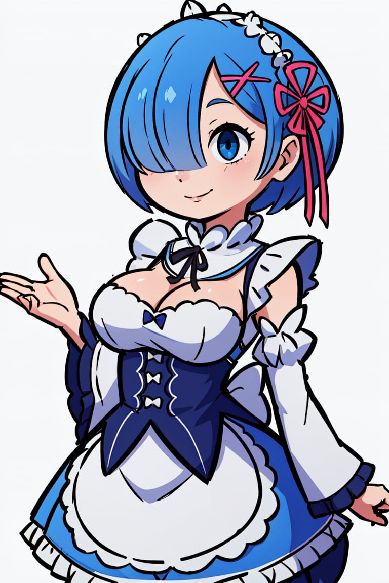 masterpiece, best quality, highres, aarem, short hair, maid headdress, x hair ornament, hair ribbon, hair over one eye, large breasts, frills, neck ribbon, cleavage, dress, detached sleeves, white apron, waist apron, white pantyhose, <lora:rem_v1:0.8>, cowboy shot, smile, 