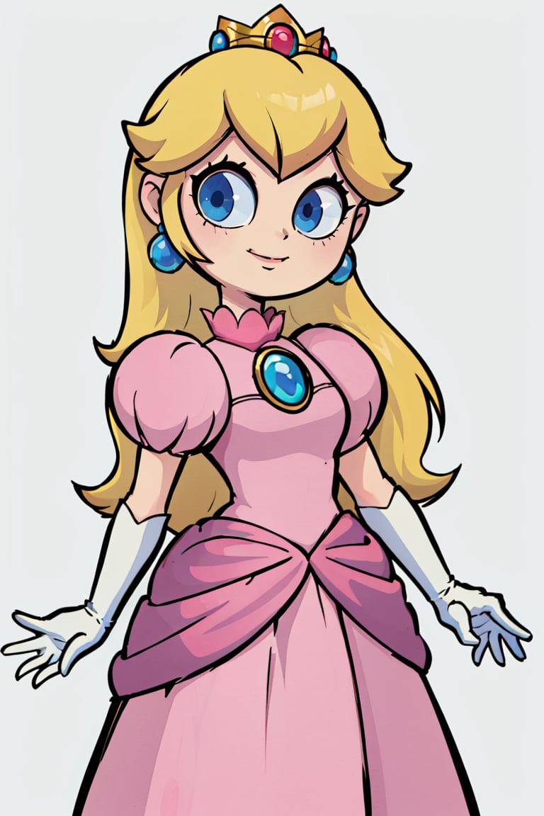 ((masterpiece,best quality)), absurdres, <lora:Princess_Peach_Nintendo:0.8>, Princess_Peach,  (pink dress), blonde hair, blue eyes, long hair, crown, gem, gloves, puffy sleeves, short sleeves, white gloves, solo, smiling, looking at viewer, cowboy shot,     