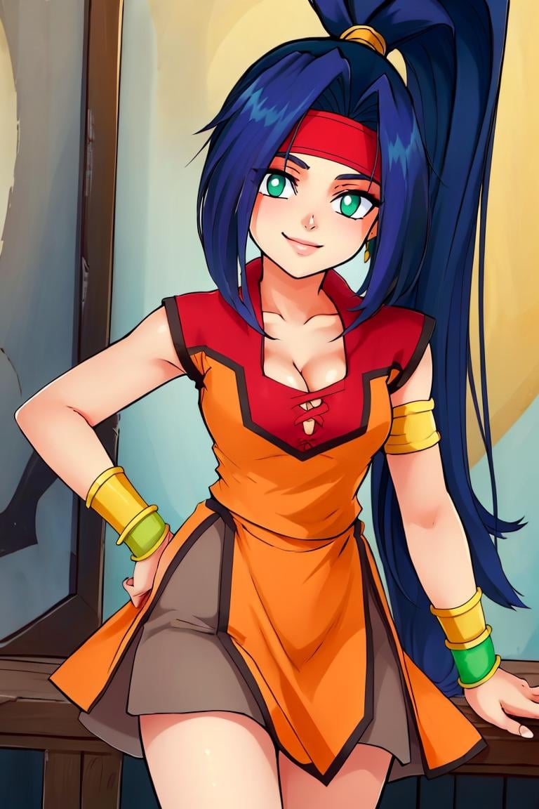 <lora:ricegnat_style:0.8>,((masterpiece,best quality)), absurdres, <lora:Mariam_Beyblade:0.8>, Mariam_Beyblade,  1girl, solo, green eyes, long hair, blue hair, ponytail,  orange dress, grey skirt, bracelet, clothing cutout, headband, hair intakes, high ponytail, armlet, cleavage,  solo, smiling, looking at viewer, cowboy shot, 