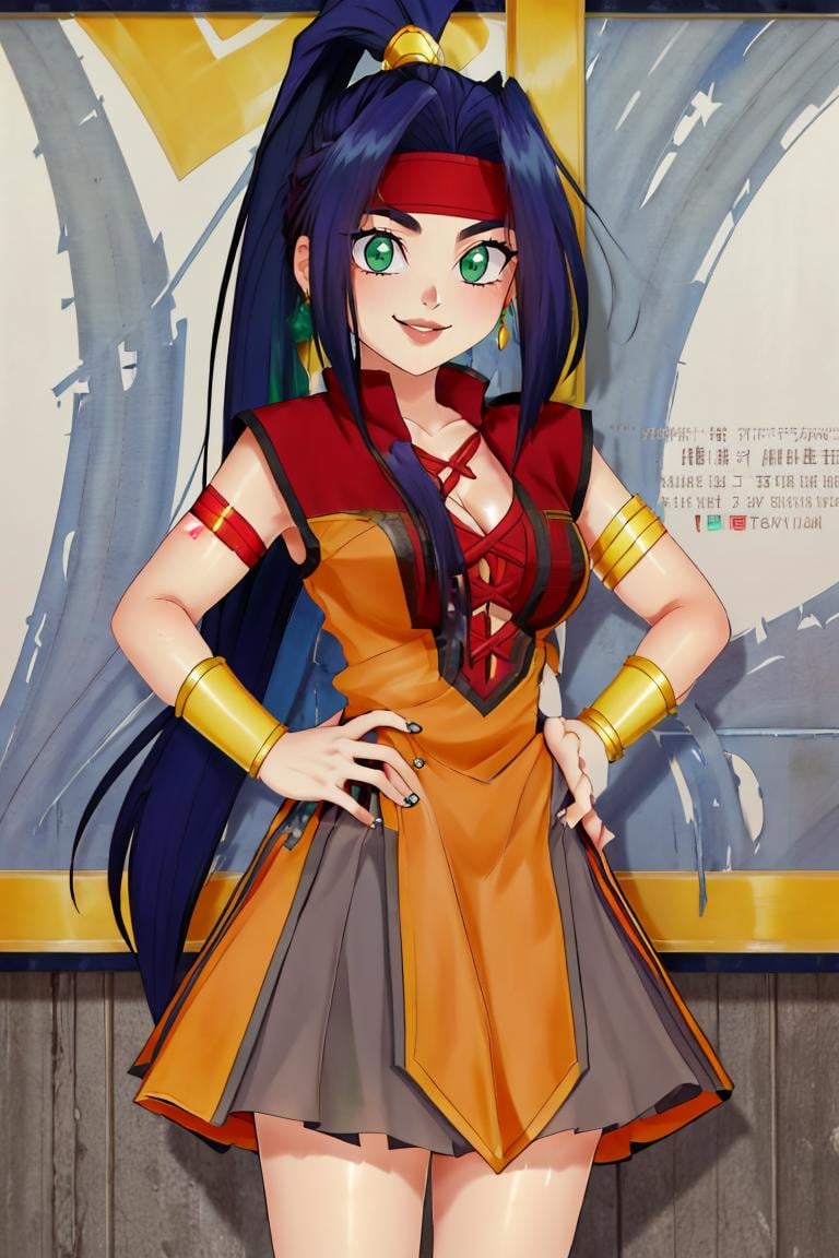 <lora:Puppypaww_Style:0.8>,((masterpiece,best quality)), absurdres, <lora:Mariam_Beyblade:0.8>, Mariam_Beyblade,  1girl, solo, green eyes, long hair, blue hair, ponytail,  orange dress, grey skirt, bracelet, clothing cutout, headband, hair intakes, high ponytail, armlet, cleavage,  solo, smiling, looking at viewer, cowboy shot, 