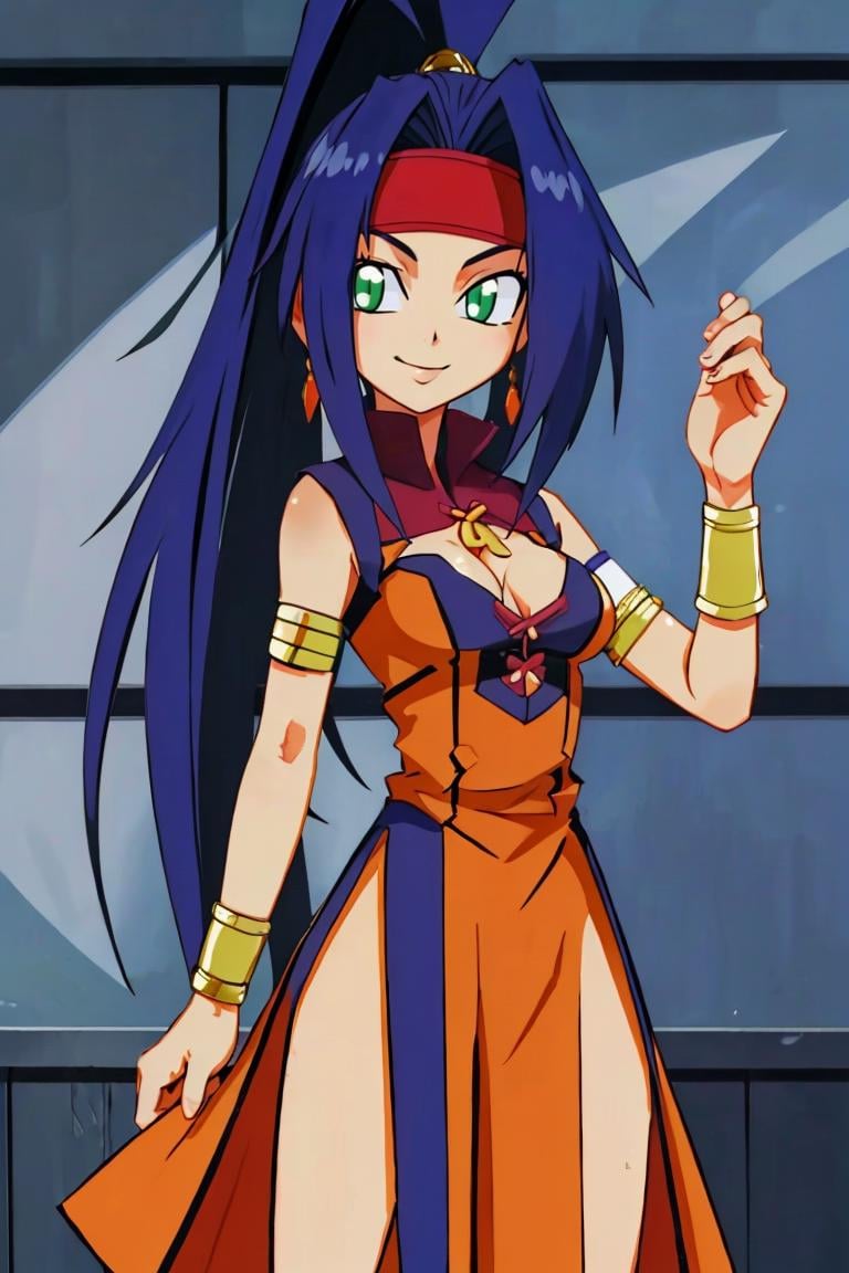 <lora:Harada_Takehito_v2_Repeats5:0.8>,((masterpiece,best quality)), absurdres, <lora:Mariam_Beyblade:0.8>, Mariam_Beyblade,  1girl, solo, green eyes, long hair, blue hair, ponytail,  orange dress, grey skirt, bracelet, clothing cutout, headband, hair intakes, high ponytail, armlet, cleavage,  solo, smiling, looking at viewer, cowboy shot, 