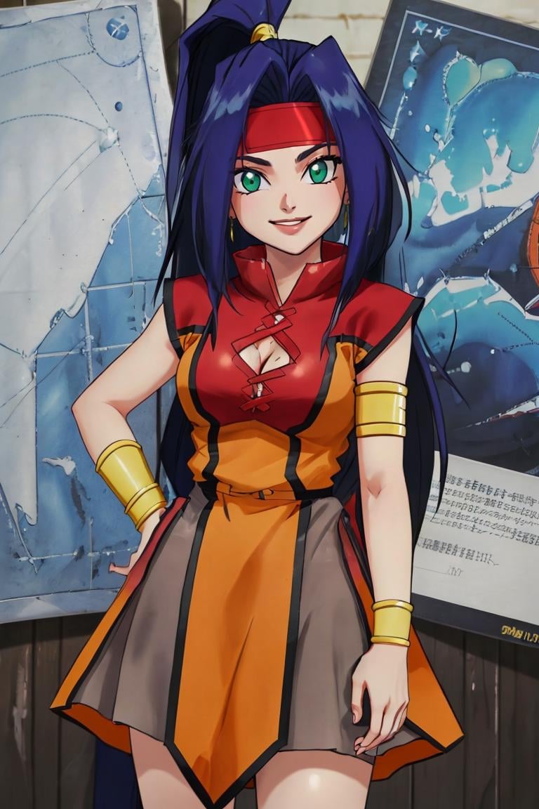 <lora:Style_of_the_Winds :0.8>,((masterpiece,best quality)), absurdres, <lora:Mariam_Beyblade:0.8>, Mariam_Beyblade,  1girl, solo, green eyes, long hair, blue hair, ponytail,  orange dress, grey skirt, bracelet, clothing cutout, headband, hair intakes, high ponytail, armlet, cleavage,  solo, smiling, looking at viewer, cowboy shot, 