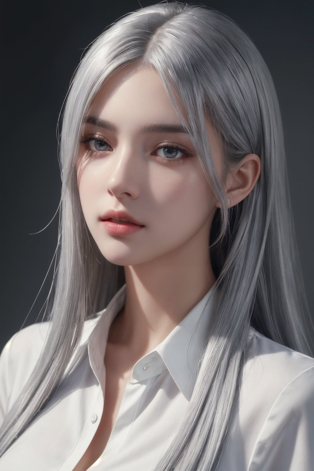 photorealistic, masterpiece, best quality, raw photo, 1girl, solo, long hair, silver hair, detailed face, alluring face, collared shirt, medium breasts, dynamic pose, looking at viewer, detailed background, fine detailed, intricate detail,  ray tracing, depth of field, low key, hdr