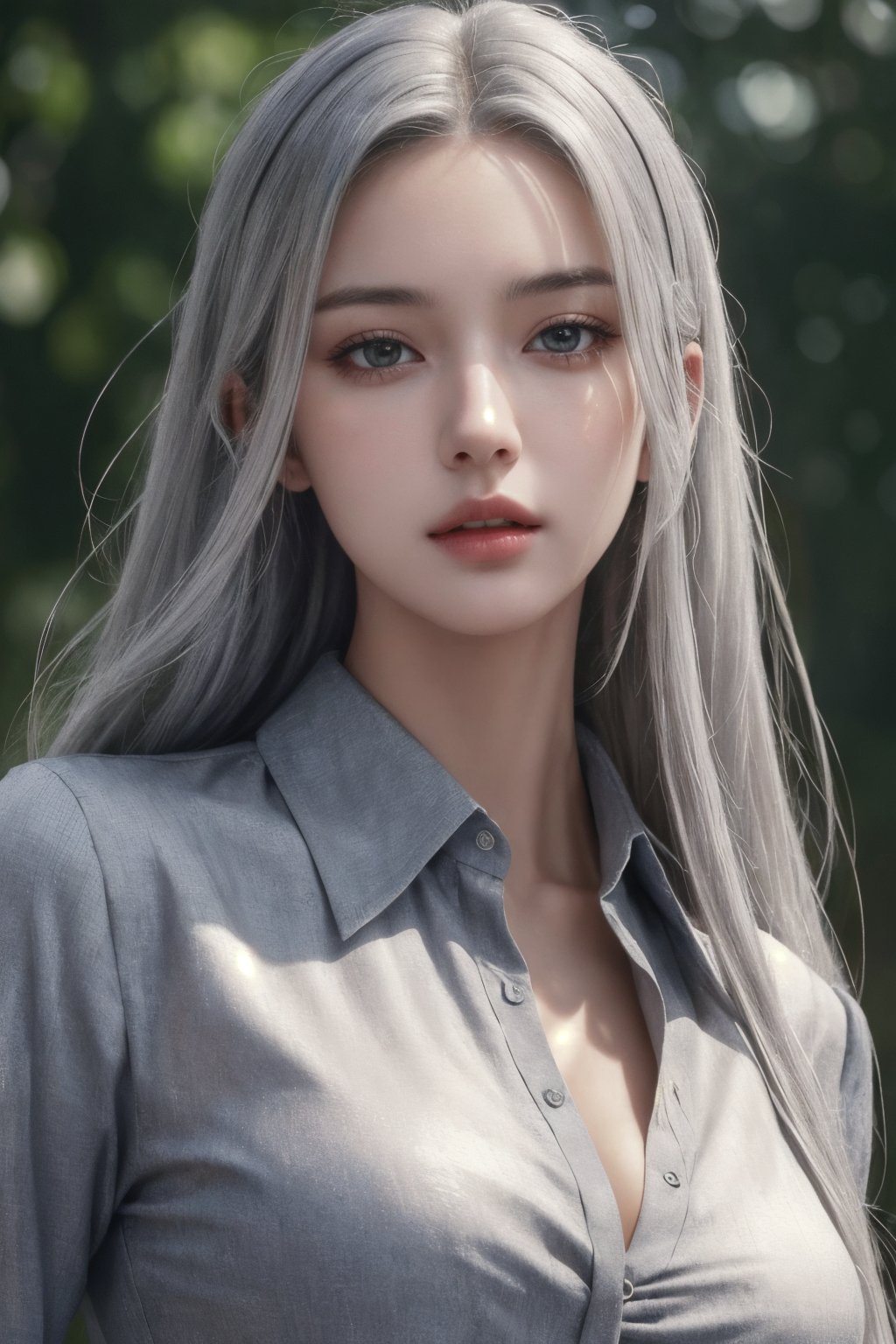 photorealistic, masterpiece, best quality, raw photo, 1girl, solo, long hair, silver hair, detailed face, alluring face, collared shirt, medium breasts, dynamic pose, looking at viewer, detailed background, fine detailed, intricate detail,  ray tracing, depth of field, low key, hdr