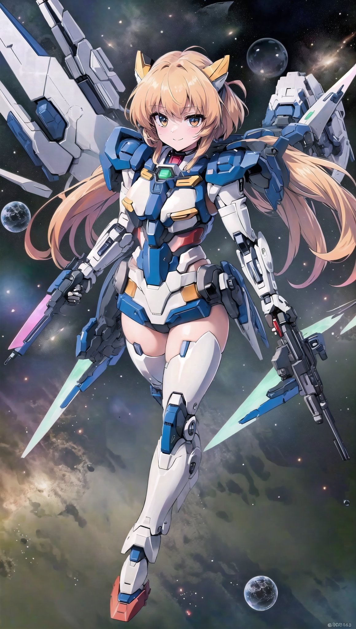 (masterpiece, best quality, ultra-detailed, 8K, ), high detail, seductive_pose, 

1girls,  fly,  floating on space,  floating_hair, smiling eyes, symmetry,mechanical,  golden mecha_musume, sexy, ,bg_imgs,

00_gundam, gundam, solo, holding, standing, weapon, holding weapon, gun, no humans, robot, mecha, science fiction, shield, holding shield, v-fin, energy gun, mobile suit, beam rifle