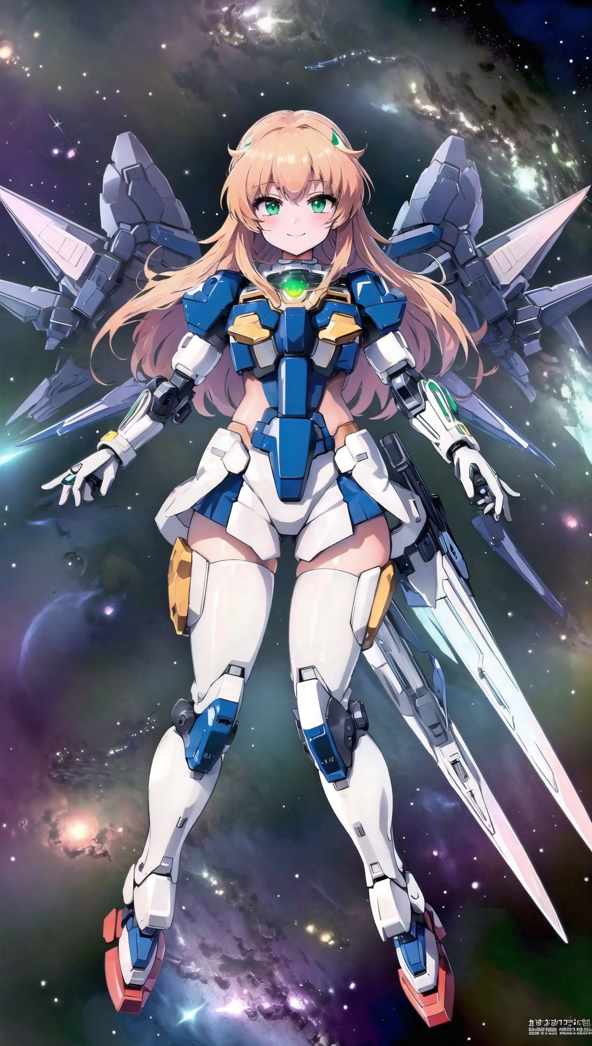 (masterpiece, best quality, ultra-detailed, 8K, ), high detail, seductive_pose, 

1girls,  fly,  floating on space,  floating_hair, smiling eyes, symmetry,mechanical,  golden mecha_musume, sexy, ,bg_imgs,

00_gundam, gundam, solo, looking at viewer, green eyes, weapon, no humans, glowing, robot, mecha, glowing eyes, science fiction, space, v-fin, mobile suit