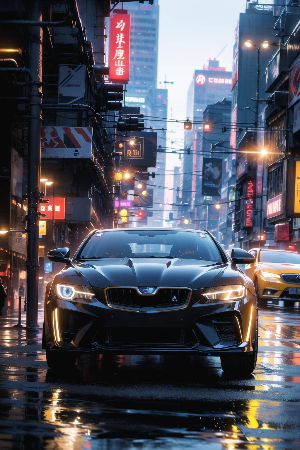 hyper realistic,metal,professional photo of a futuristic muscle car with multiple modifications, large wheels, driving, cybernetic hood, cyber car parts, front pop up headlights, science fiction, sci-fi scenario, (night), natural light, cyberpunk, futuristic city, cyberpunk city, neon signs, highly detailed, (highly detailed background), multiple buildings in the background, detailed textures, wide angle, 8k, HDR, professional photoshoot, high quality photo, realistic photo, realistic shadows, detailed shadows, realistic proportions,film grain, raw photo,(front),<lora:apstyle3diff:1> apstyle3 apstyle masterpiece best quality detailed eyes