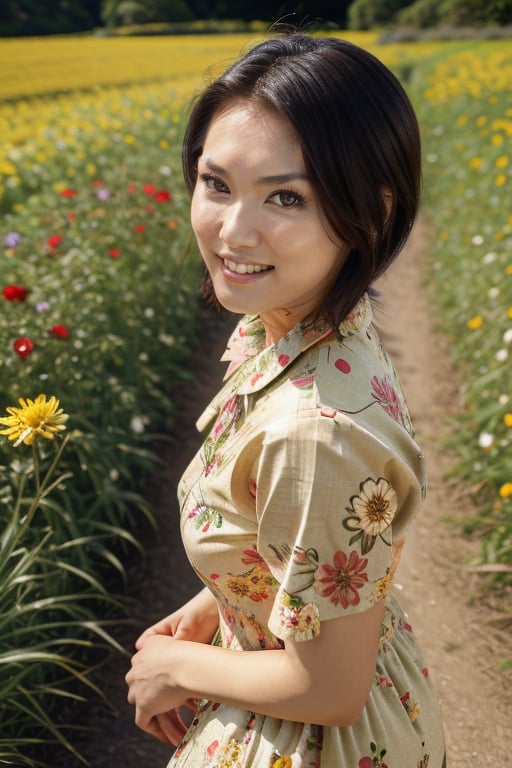 A captivating beautiful portrait of wo_mariaozawa01. She is wearing a vintage dress, smiling, Vibrant fields of flowers in bloom. Canon EF 50mm f/1.2L USM lens at f/2.0, ISO 100, 1/200s.,photorealistic