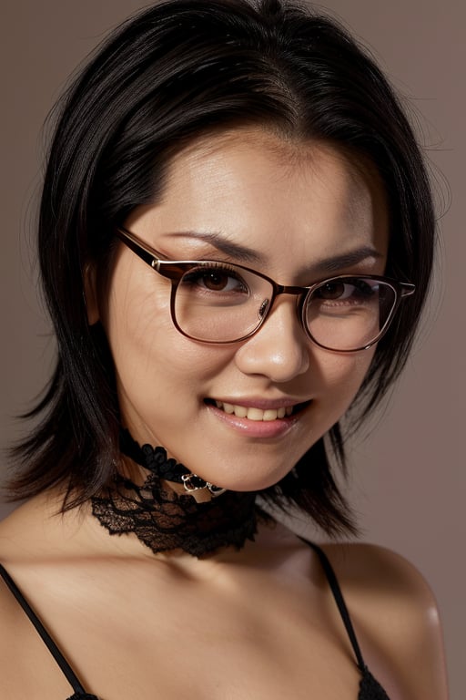 glasses, Sharp Focus, smile, wo_mariaozawa01, her expression is sexy with parted lips, long black hair, (close-up:0.8), low key lighting, shot on Lumix GH5, cinematic bokeh, lace choker, (simple background:1.2), teasing, detailed skin
