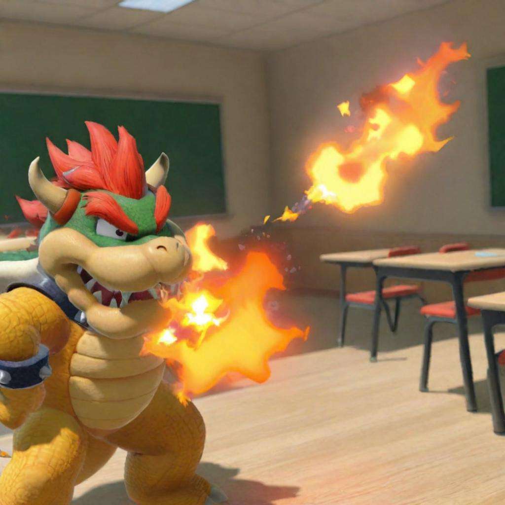 Bowser breathing fire in classroom,  realistic by Touch Night on Tensor.Art