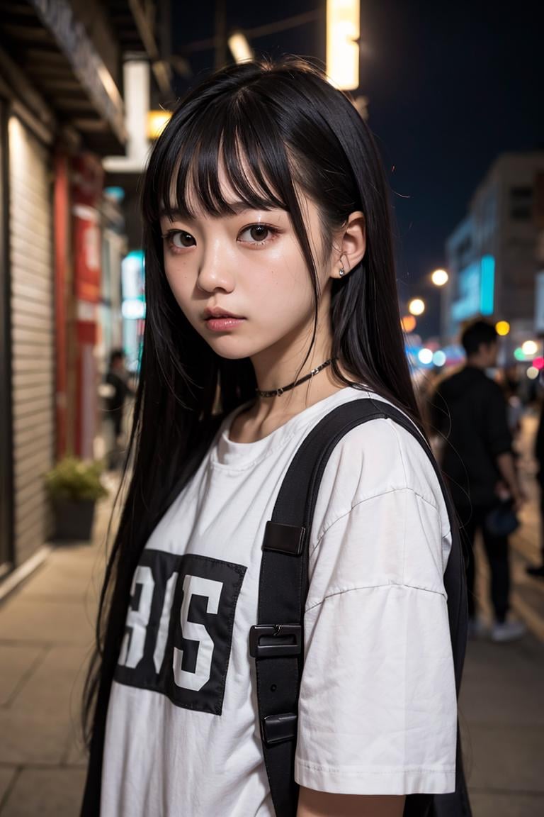 1girl,Korean,kpop idol ,20yo ,look at viewer, streetwear outfit, alley, beautiful detailed face, night sky, gloomy light,bust shot