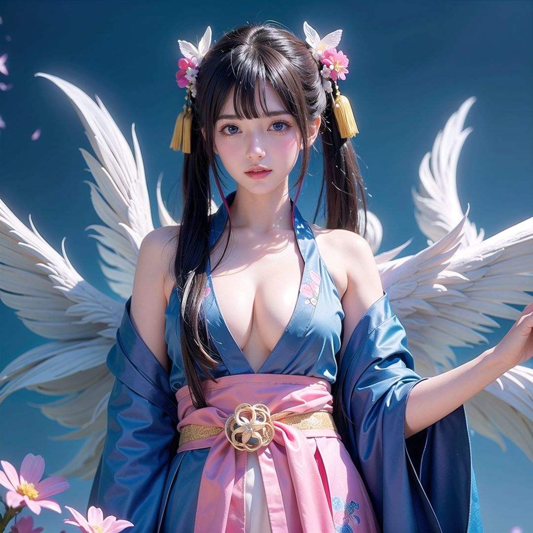 1girl,(colorful hanfu:1.3),bare_shoulders,cleavage,light_particles,Blue eyes,pink_butterfly,flowers,blue flowers,Upper body,star_\(sky\),background mysterious magic castle,the hanging temple,((bizarre background phoenix)),skinny dress robe,twintails,bangs,