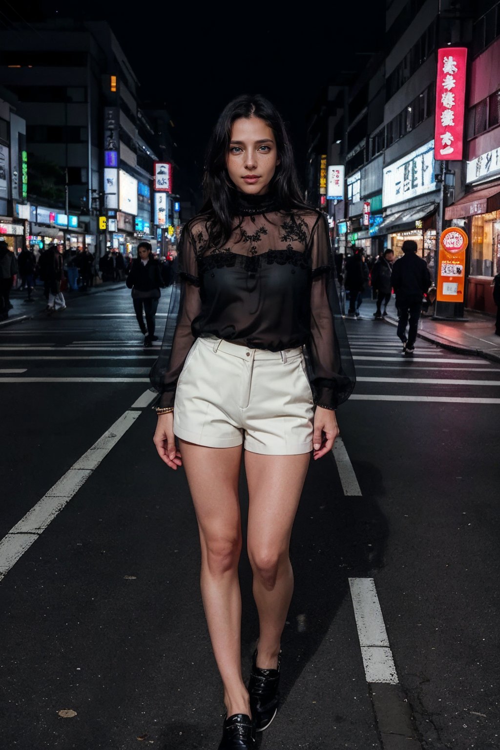 (8k, RAW photo, best quality, masterpiece:1. 2), (realistic, photo-realistic:1. 37), ultra-detailed, full body, 1 girl, solo, beautiful detailed sky, detailed tokyo street, night, beautiful detailed eyes, beautiful detailed lips, professional lighting, photon mapping, radiosity, physically-based rendering, extremely detailed eyes and face, beautiful detailed eyes, light on face, cinematic lighting, short pants, pink blouse, 1girl, full body, full-body shot, see-through, looking at viewer, outdoors, ((black hair)), <lora:3ls4-02:0.8>,