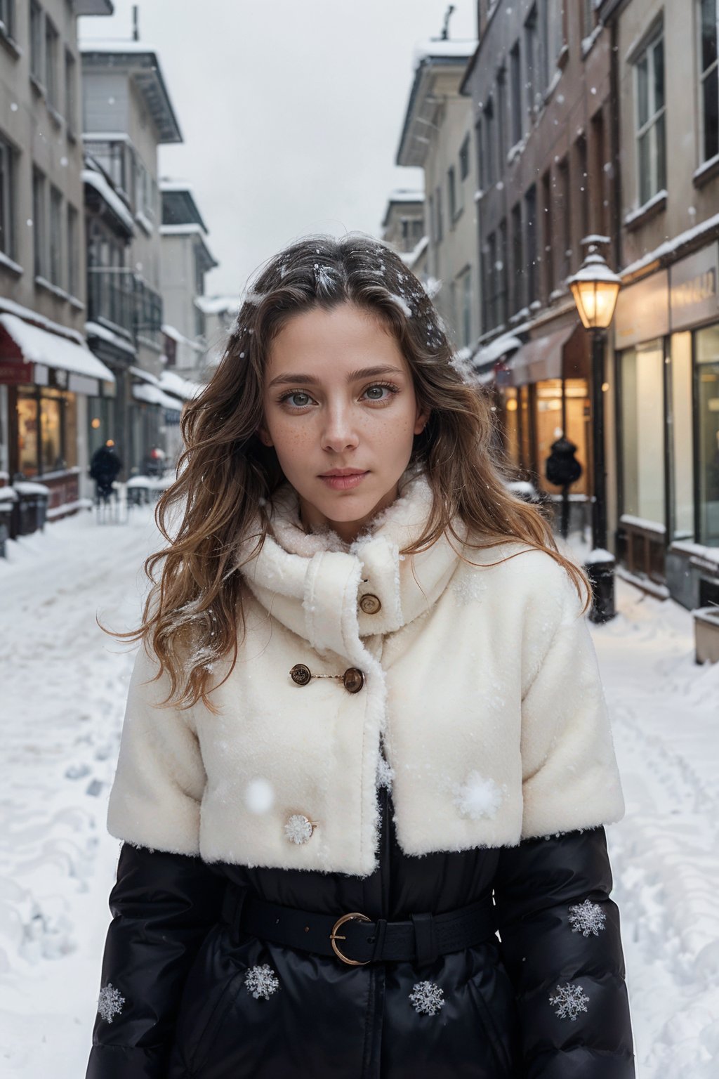 professional portrait photograph of a gorgeous girl in winter clothing with long wavy blonde hair, ((sultry flirty look)), freckles, beautiful symmetrical face, cute natural makeup, wearing elegant winter fashion clothing, ((standing outside in snowy city street)), stunning modern urban upscale environment, ultra realistic, concept art, elegant, highly detailed, intricate, sharp focus, depth of field, f/1. 8, 85mm, medium shot, mid shot, (centered image composition), (professionally color graded), ((bright soft diffused light)), volumetric fog, trending on instagram, trending on tumblr, hdr 4k, 8k, , <lora:3ls4-02:0.8>,