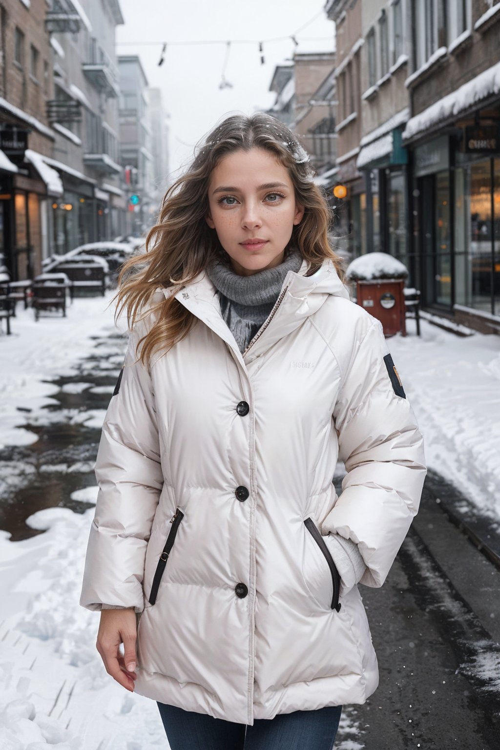 professional portrait photograph of a gorgeous girl in winter clothing with long wavy blonde hair, ((sultry flirty look)), freckles, beautiful symmetrical face, cute natural makeup, wearing elegant winter fashion clothing, ((standing outside in snowy city street)), stunning modern urban upscale environment, ultra realistic, concept art, elegant, highly detailed, intricate, sharp focus, depth of field, f/1. 8, 85mm, medium shot, mid shot, (centered image composition), (professionally color graded), ((bright soft diffused light)), volumetric fog, trending on instagram, trending on tumblr, hdr 4k, 8k, , <lora:3ls4-02:0.8>,