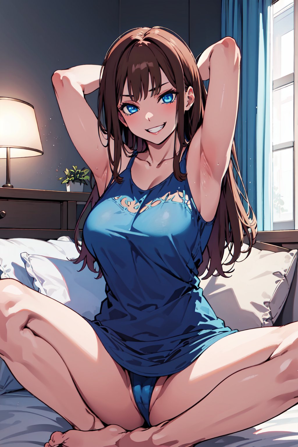 masterpiece, best quality, bed room, indoor, 1girl, michiking,brown hair, (blue eyes:1.5), medium breasts, mature female, large breasts, big breasts, breasts, serious face, 1girl, bangs, solo, long hair, navel, evil grin, full body, sitting, spread legs,dress ,exposing armpits, showing armpits, athletic, 