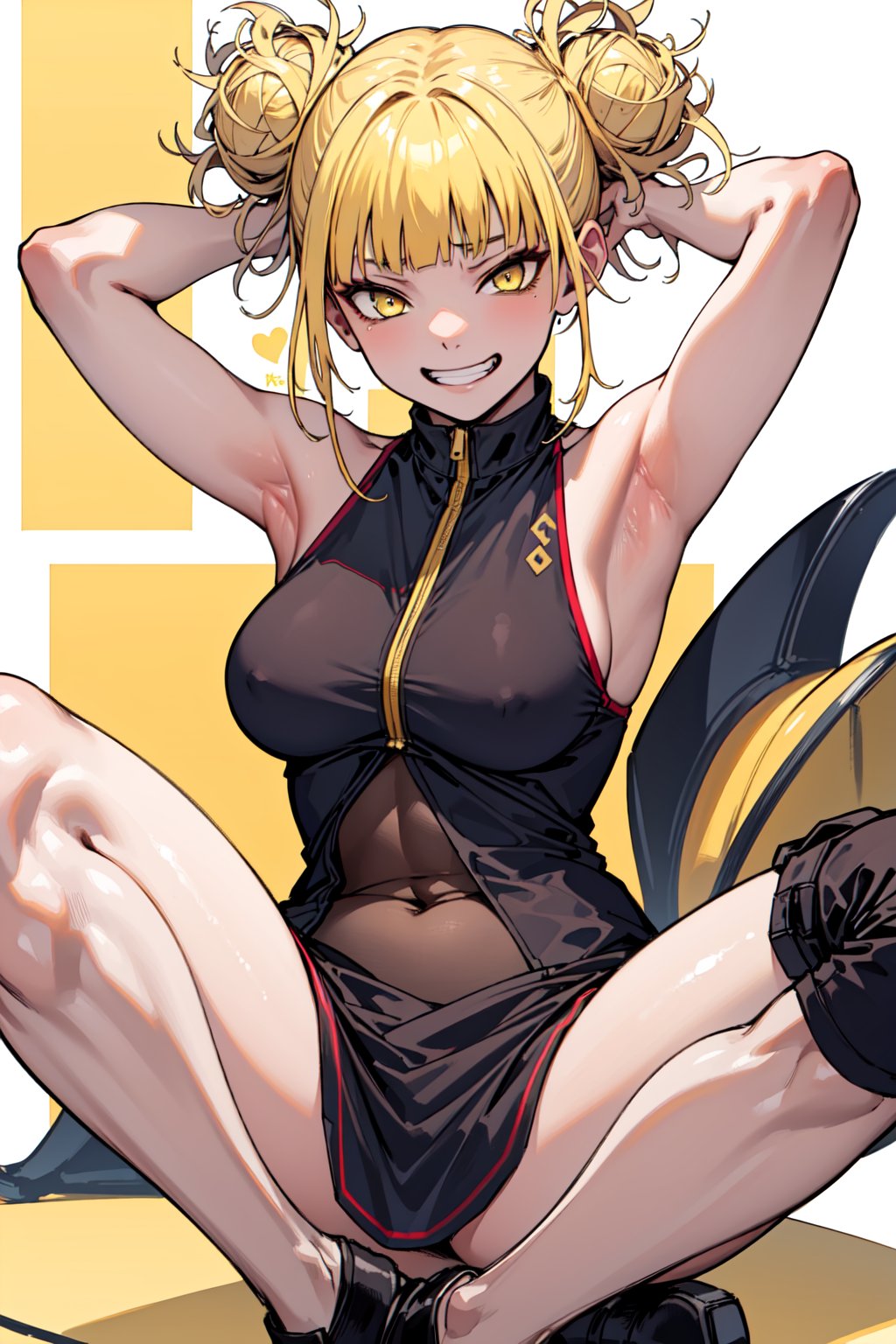 masterpiece, best quality, 1girl, togahimiko, ,himiko toga, (toga himiko:1.2), bangs, blonde hair, (yellow eyes:1.5), blunt bangs, hair bun, double bun, messy hair, medium breasts, mature female, breasts, serious face, 1girl, bangs, solo, navel, evil grin, full body, sitting, spread legs,dress ,exposing armpits, showing armpits,himiko toga,himiko,yaoyorozu momo