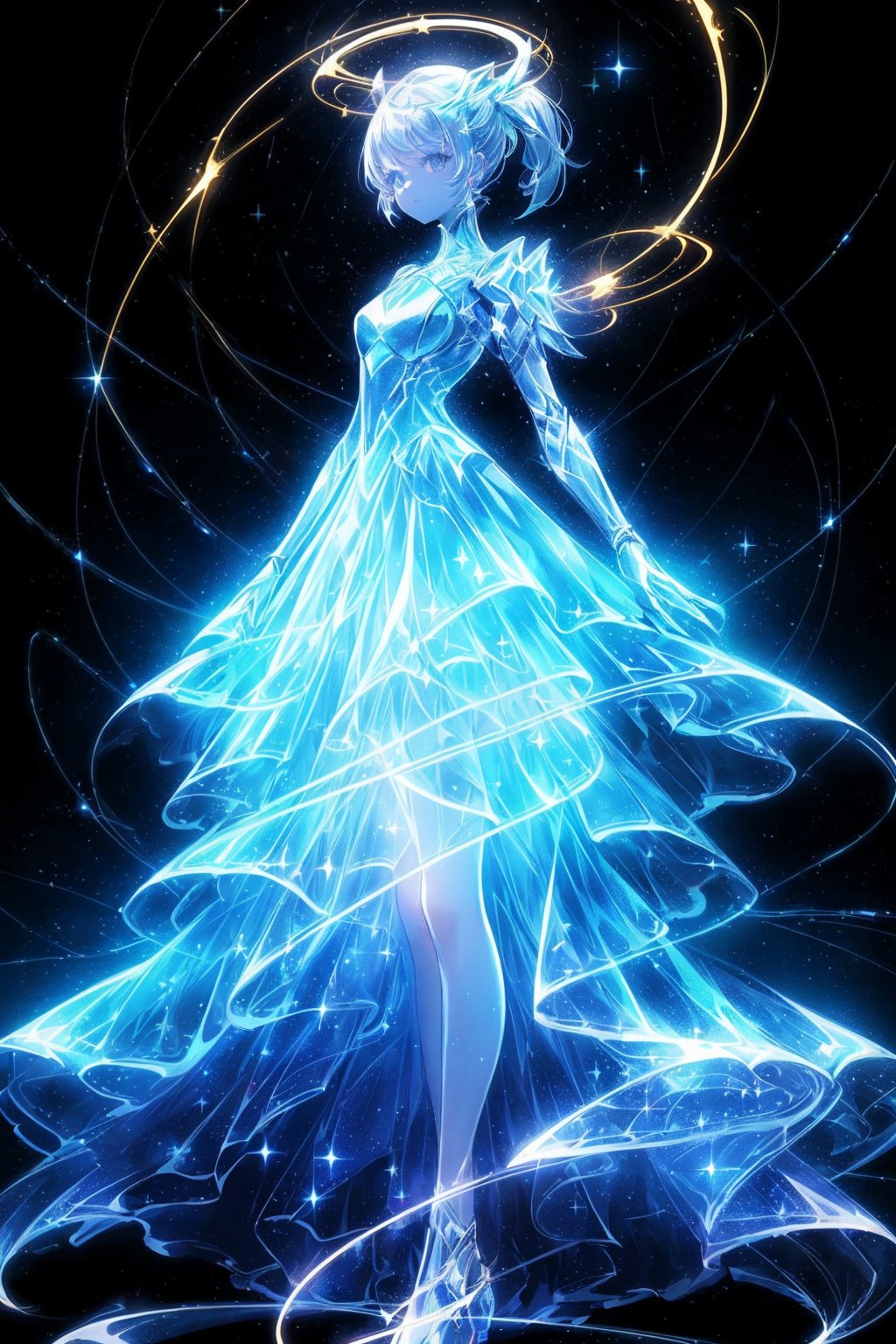  Best quality, 8k, cg,A girl formed by light,solo,glowing,black_background,light,A dress formed by light,starry_background