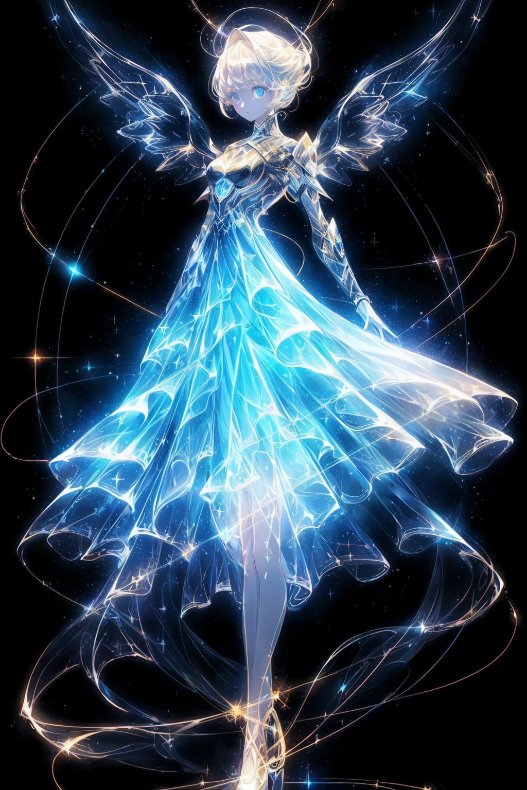  Best quality, 8k, cg,A girl formed by light,solo,glowing,black_background,light,A dress formed by light,starry_background