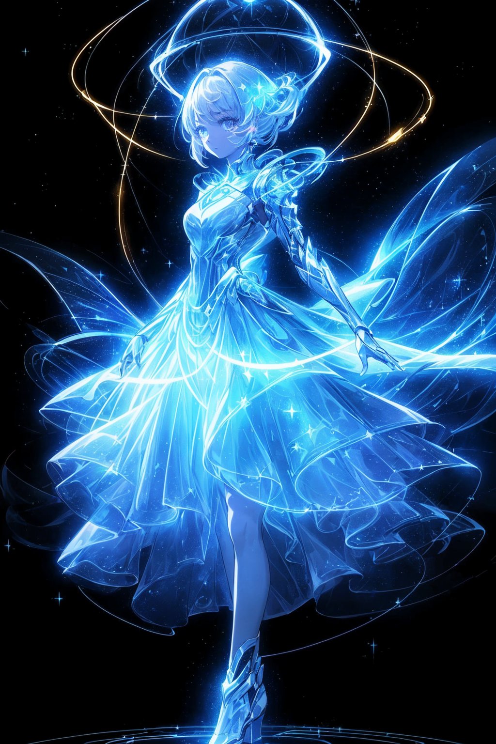  Best quality, 8k, cg,A girl formed by light,solo,glowing,black_background,light,A dress formed by light,starry_background