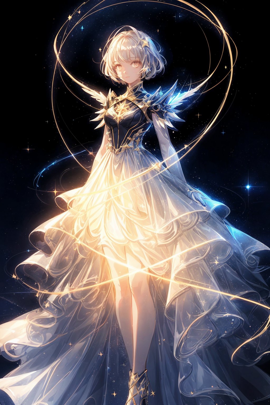  Best quality, 8k, cg,A girl formed by light,solo,glowing,black_background,light,A dress formed by light,starry_background