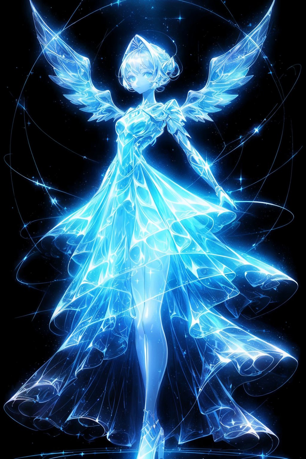  Best quality, 8k, cg,A girl formed by light,solo,glowing,black_background,light,A dress formed by light,starry_background