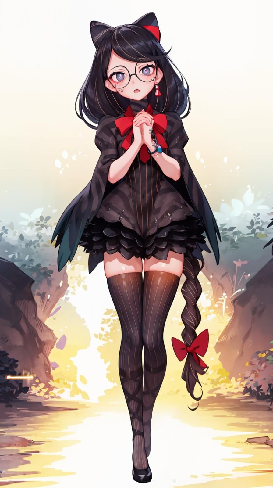 (extremely detailed CG), (best quality), 1girl, perfect face, very long hair, bright pupils, (finely detailed beautiful eyes), shiny skin, lustrous skin, wide hips, narrow waist, glasses, red ribbon, hair bun, hair ribbon, streaked hair, jewelry, earrings, braid, vertical-striped thighhighs, striped dress, full body, depth of field, standing, v legs, own hands together, <lora:Cereza:0.9>