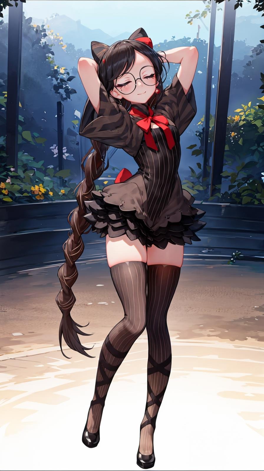 (extremely detailed CG), (best quality), 1girl, perfect face, very long hair, closed eyes, shiny skin, lustrous skin, wide hips, narrow waist, glasses, red ribbon, hair bun, hair ribbon, streaked hair, jewelry, earrings, braid, vertical-striped thighhighs, striped dress, full body, depth of field, standing, v legs, arms up, ballerina, leg up, light smile, <lora:Cereza:0.9>