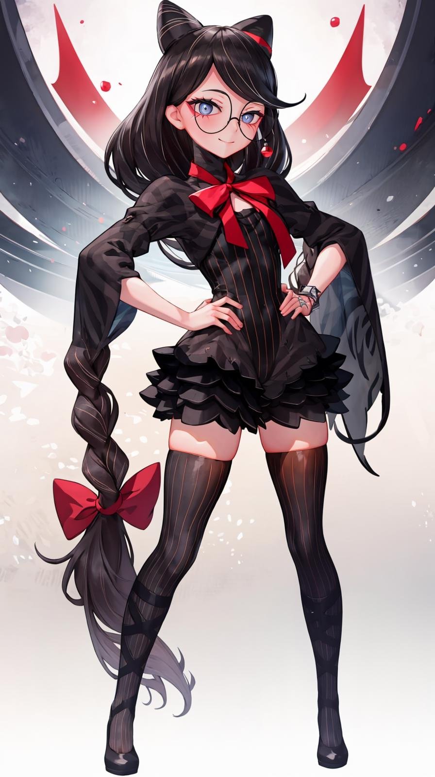 (extremely detailed CG), (best quality), 1girl, perfect face, very long hair, bright pupils, (finely detailed beautiful eyes), shiny skin, lustrous skin, wide hips, narrow waist, glasses, red ribbon, hair bun, hair ribbon, streaked hair, jewelry, earrings, braid, vertical-striped thighhighs, striped dress, full body, depth of field, standing, v legs, hand on hip, light smile, <lora:Cereza:0.9>